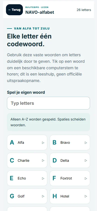 Het officiële NAVO-alfabet in Buijtebips Coach