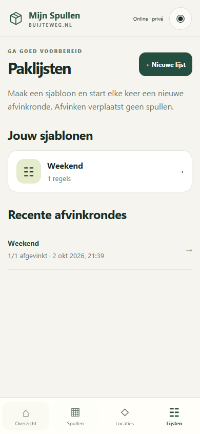 Mijn Spullen: paklijsten (voorbeeldgegevens)