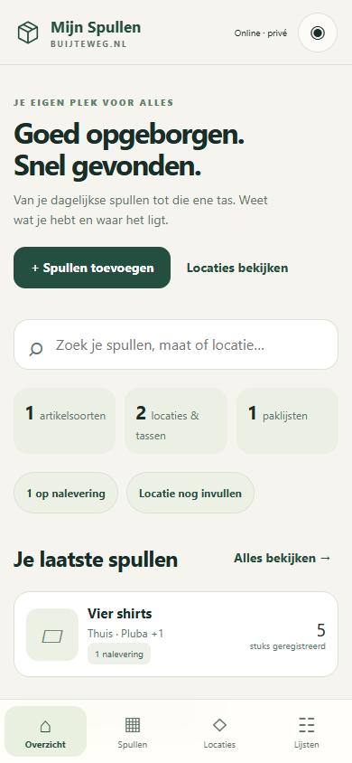 Mijn Spullen: overzicht (voorbeeldgegevens)