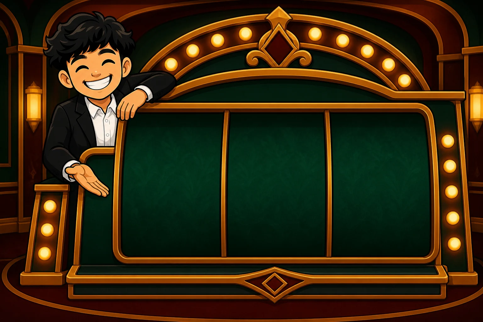 Cartoon van Mike als host, ingebouwd in de Lucky 88-speelautomaat